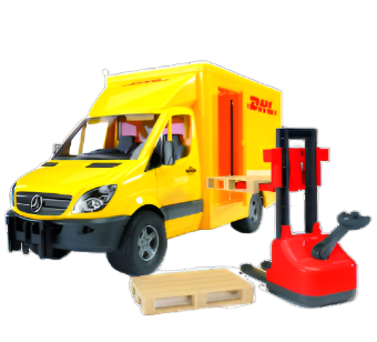Bruder Mercedes Benz Sprinter DHL with hand pallet truck and 2 pallets Autopartcentre